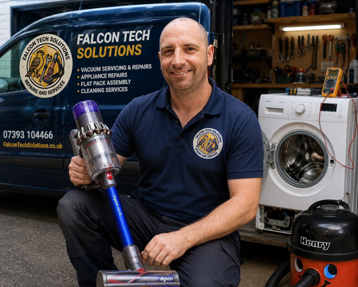 Ray from Falcon Tech Solutions beside repair equipment and branded van