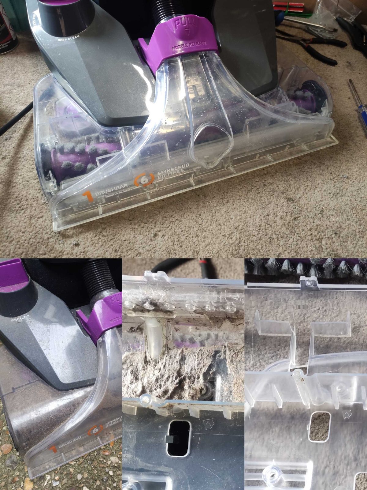 Domestic Vax carpet cleaner inspected for blockage, brush and suction faults